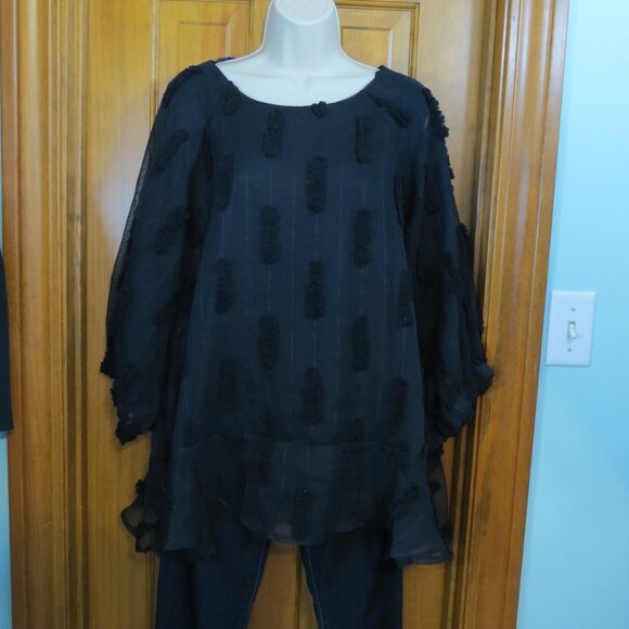 GiGiO Black Chiffon Textured Top ½ Sleeve Party Evening Oversized Large - Picture 8 of 11